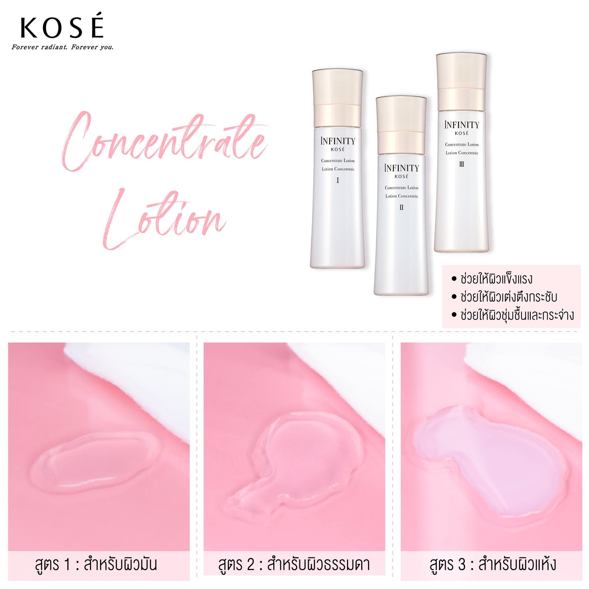 Kose Infinity Concentrate Lotion มีทั้งหมด 3 สูตร  สูตร I สำหรับผิวมัน – เนื้อบางเบาให้ความรู้สึกสดชื่น  สูตร II สำหรับผิวปกติ – เนื้อครีม แต่สัมผัสบางเบา  สูตร III สำหรับผิวแห้ง – เนื้อครีมเข้มข้น